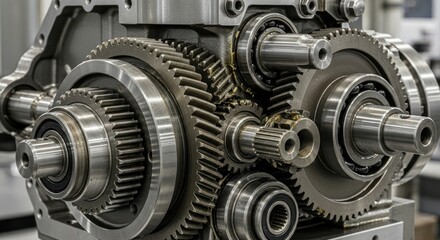 Fototapeta premium Complex Gear System: Interlocking Metal Gears and Bearings in Machinery Detail