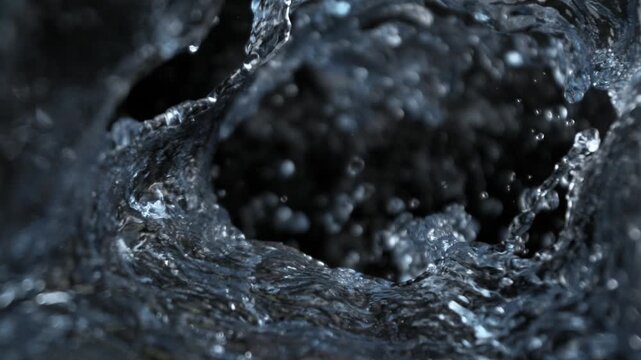 Super Slow Motion Shot of Pure Water Splash Flowing Around Camera on Black at 1000fps.