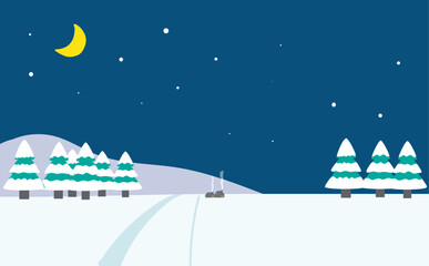 Naklejka premium 冬の夜の雪が積もった小さな家がある風景