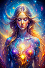 Spiritual cosmic connection with a woman in luminous galaxy aura, blending human and cosmic energy. Use in posters, book covers, ads, and meditation visuals.