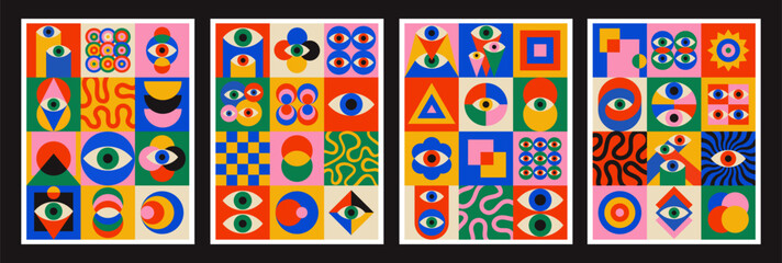 Cool Abstract Geometric Eye Poster. Pop Art Retro Vision Placard. Playful Pattern.