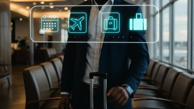 Travel Planning: Businessman in Airport Lounge Scheduling Flight & Baggage Details via Touchscreen Interface