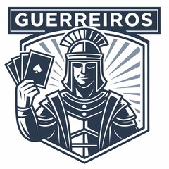 Roman Centurion Holding Playing Cards:  Vintage Style Emblem Design, Serious Mood, Gambling Theme.