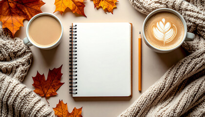 Cozy autumn workspace with blank notebook, cup of coffee, autumn maple leaves, pencil and knitted blanket