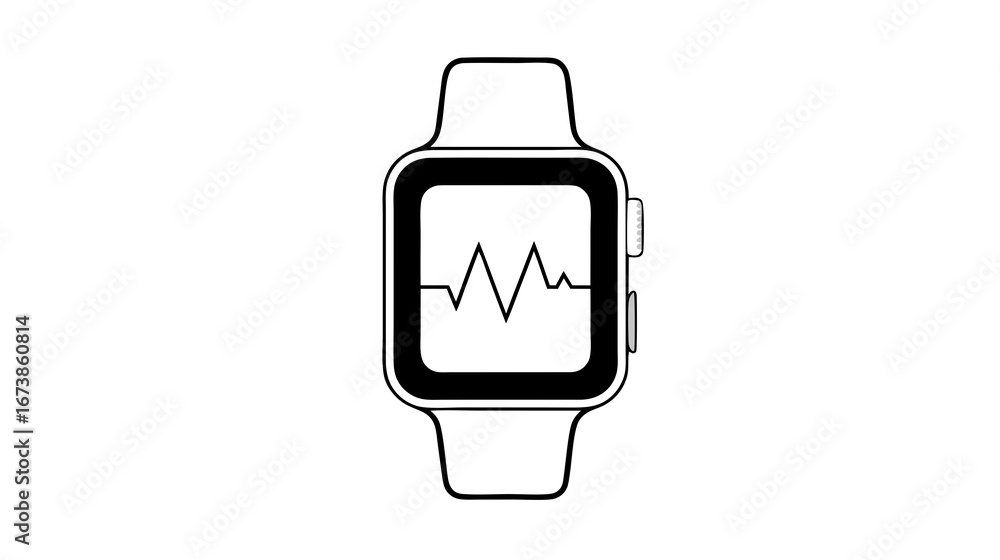 Poster minimal black and white line icon of a smartwatch showing an electrocardiogram display for health, f