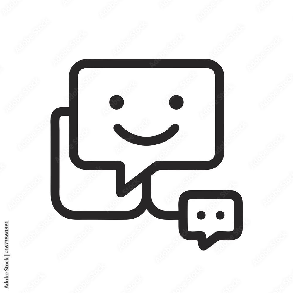 Poster minimal black and white line icon of overlapping chat bubbles with a smiling face for communication 
