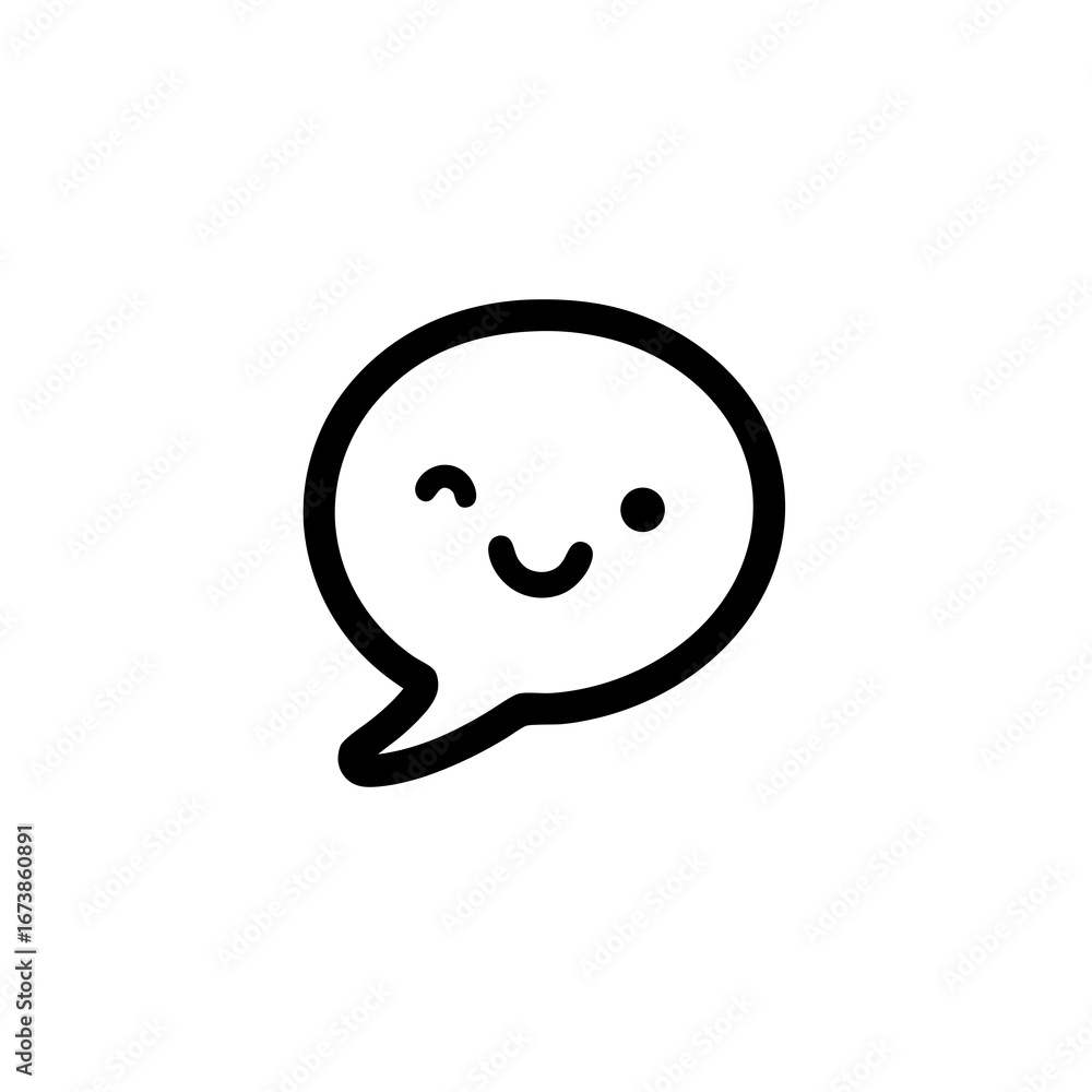 Poster minimal black and white speech bubble icon featuring a winking face clean line art for ui branding a