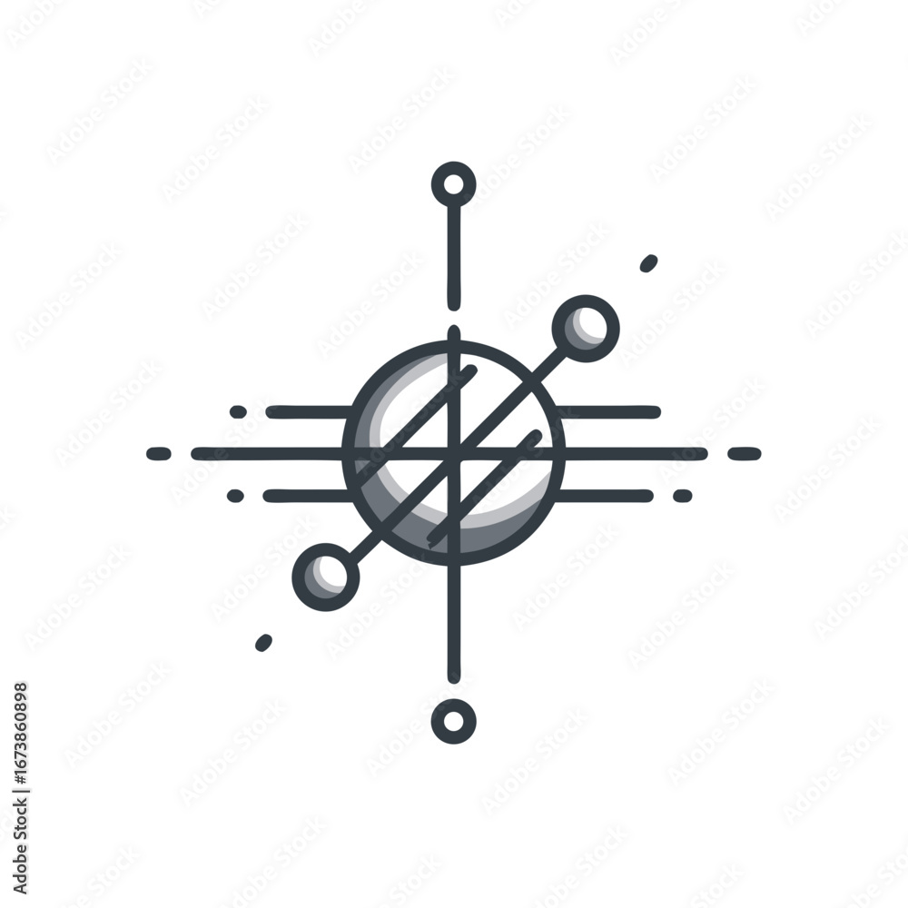 Poster minimal black and white scientific icon of an atomic orbital core with intersecting geometric lines