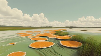 Surreal Landscape Orange Lily Pads Calm Water