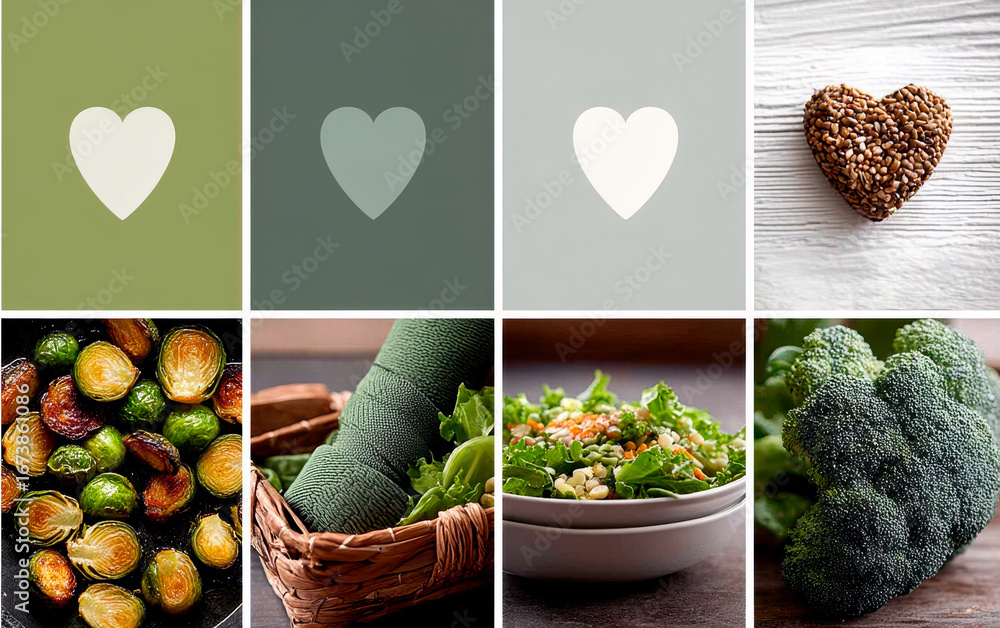 Poster a collection of images featuring different types of food, including broccoli, and a heart symbol. th