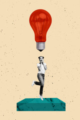 Composite zine pop trend collage of happy girl stand light bulb idea finding blackout power led...