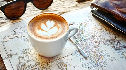Coffee with latte art on world map with sunglasses and wallet