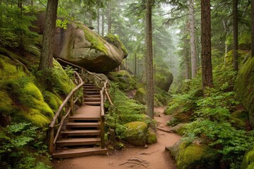 Wooden stairs ascend through mossy forest