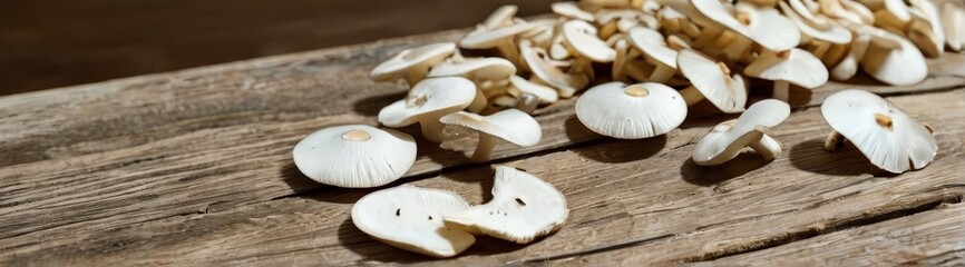Macro Close-Up of Sliced Mushrooms on Wooden Surface