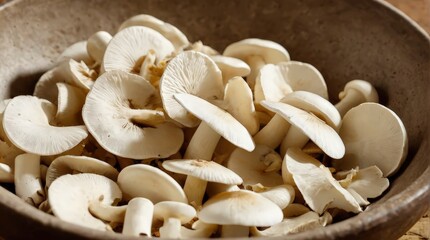 Close-Up of Sliced Mushrooms in Rustic Ceramic Bowl