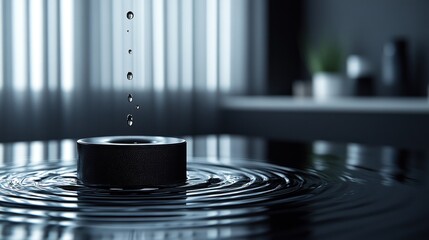 Obraz premium Water drops falling, black cylinder, office, ripples