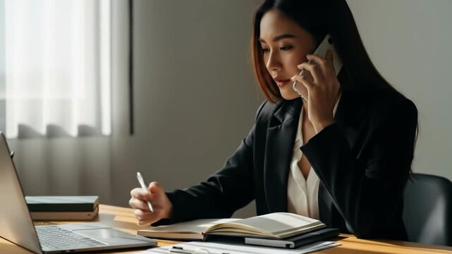 Asian businesswoman in a suit talking on the phone while taking notes at her desk with a laptop