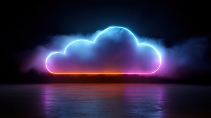 High quality photo of vibrant neon cloud symbol glowing in dark with reflection.