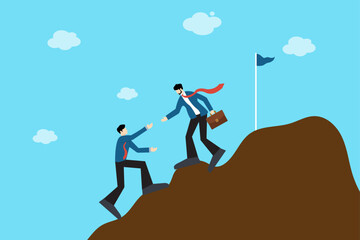 Vector illustration of businessman helping colleague climb a mountain. Symbol of teamwork, leadership, support, partnership, and achieving success together in business.