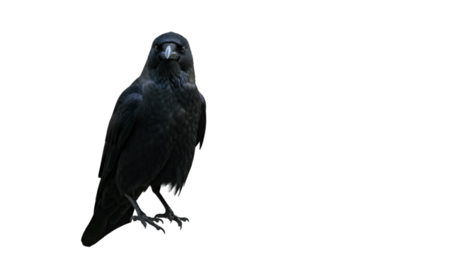 A perched crow staring directly at the viewer against a stark black background in a close up shot isolated on white background