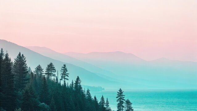 Misty mountain range with evergreen forest and turquoise water at sunrise landscape nature