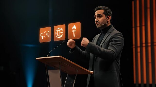 Public Speaking: Confident Middle Eastern man in gray suit delivering empowering presentation, highlighting communication and global outreach icons on stage.