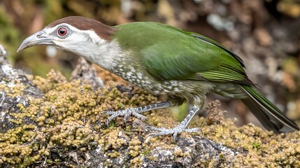Stunning Green Bird Perched on Mossy Log Detailed Wildlife Photography