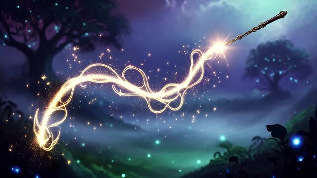 Magical Wand Casting Spell in Enchanted Forest Background Animation Sequence