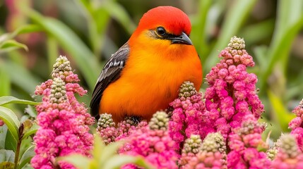 Vibrant Orange Bird Perched on Pink Flowers