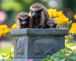 Three Adorable Hedgehogs on Garden Stone