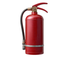 Red fire extinguisher safety equipment isolated on transparency background, metal cylinder with hose and handle, emergency protection tool for fire prevention, realistic illustration