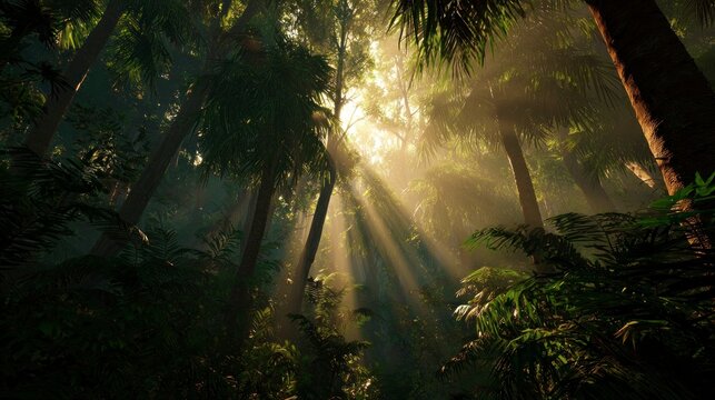 Sunlight streams through lush tropical forest