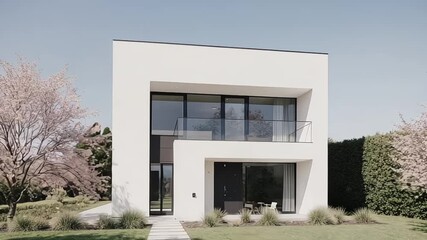 Modern minimalist house with clean lines and bright white facade in a green landscape - Powered by Adobe