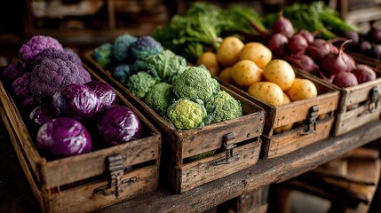 Neatly arranged organic vegetables in wooden crates at farmersa?? market