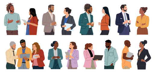 Different business team members standing, talking, communicating, taking part in business activities, meeting, brainstorming, coffee break. Multiracial people vector illustrations isolated.