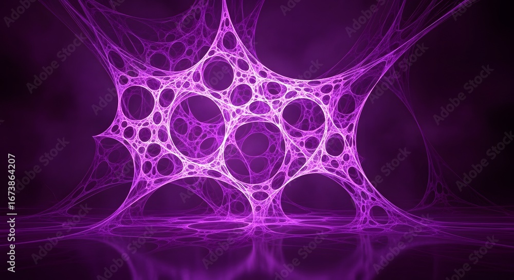 Poster abstract purple network structure with interconnected circles and lines, creating a complex and futu