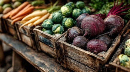 Neatly arranged organic vegetables in wooden crates at farmersa?? market