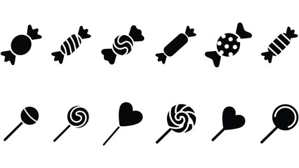 Set of candy and lollipop icons including wrapped sweets and heart shaped treats in silhouette style
