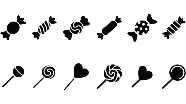 Set of candy and lollipop icons including wrapped sweets and heart shaped treats in silhouette style
