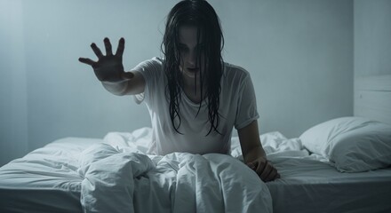 Fototapeta premium A Terrified Woman Reaching Out in Fear, Suffering from a Night Terror in a Bed, Showing Vulnerability and Distress at Night