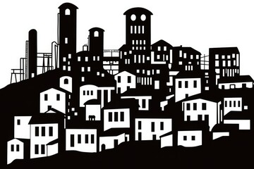 Obraz premium Black and white vector illustration of an urban landscape, buildings, silhouettes, cut-paper style, simple shapes, flat design