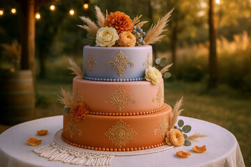 Fototapeta premium Rustic Harmony Cake – Three-Tiered Burnt Orange, Peach, and Lavender Cake with Gold Patterns, Pampas Grass, and Blooms on White Table in Outdoor Garden Celebration Setting