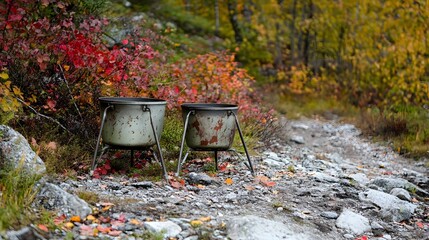 Rustic Metal Buckets on Autumn Trail Path