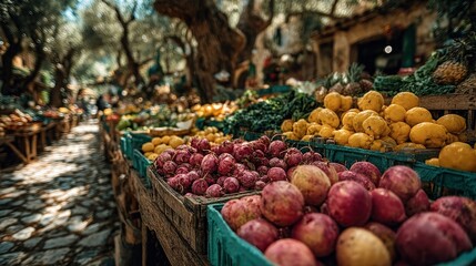 Outdoor market stall on sunny day with colorful fruits and vegetables