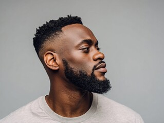 Obraz premium Portrait of a convinced young Black man with a stylish beard and short haircut against a neutral background .