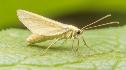 Pale Yellow Moth Closeup on Green Leaf Macro Photography