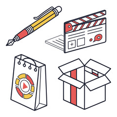 Stock Content File Types: Writing, Film, Shopping, and Shipping Icons.


