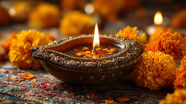 happy diwali traditional diya oil lamp with vibrant range marigold flowers decration festive yellow backround copy space hindu culure