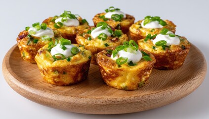 Eight golden-brown mini quiches, garnished with sour cream and green onions, are arranged on a round wooden platter against a white background