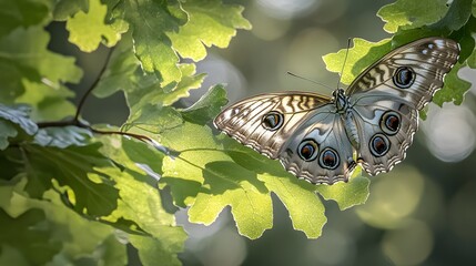 Stunning Grey Butterfly on Green Leaf in Sunlight